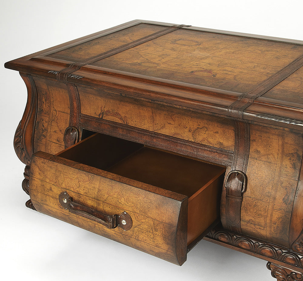 Butler Specialty Company - Heritage - Vasco 38 in. W Rectangular Wood Bombe Old World Map Trunk Table, Light Brown - 553070