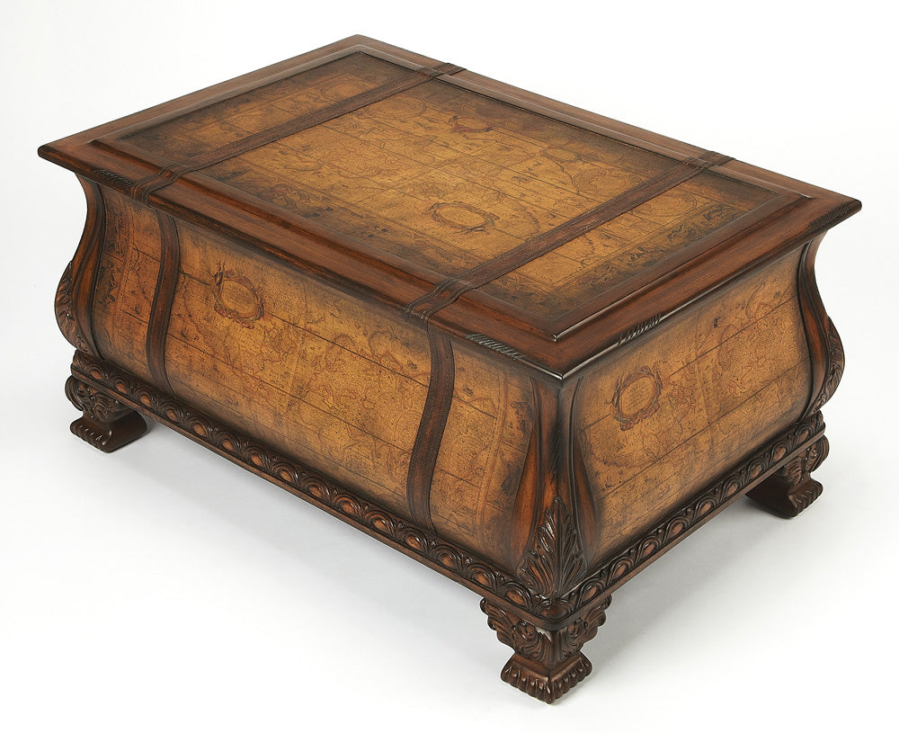 Butler Specialty Company - Heritage - Vasco 38 in. W Rectangular Wood Bombe Old World Map Trunk Table, Light Brown - 553070