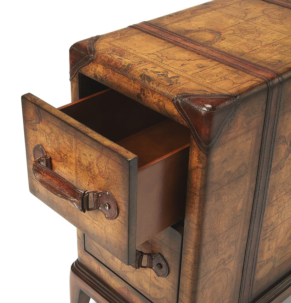 Butler Specialty Company - Heritage - Vasco 13 in. W Rectangular Leather & Wood 2 Drawer Old World Map Side Table, Medium Brown - 2834070