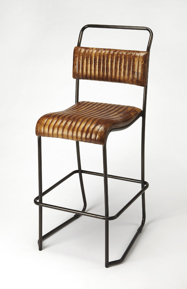Butler Specialty Company - Vega 31 in. Seat Height Leather & Metal Bar Height Stool with Back & Footrest, Light Brown - 4349344_CLOSEOUT