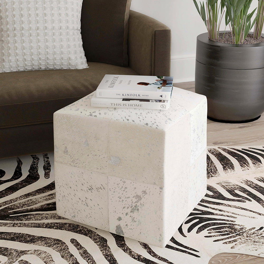 Butler Specialty Company - Victorian Hair on Hide w Silver Spots Cube Ottoman, White - 5535409 View 3