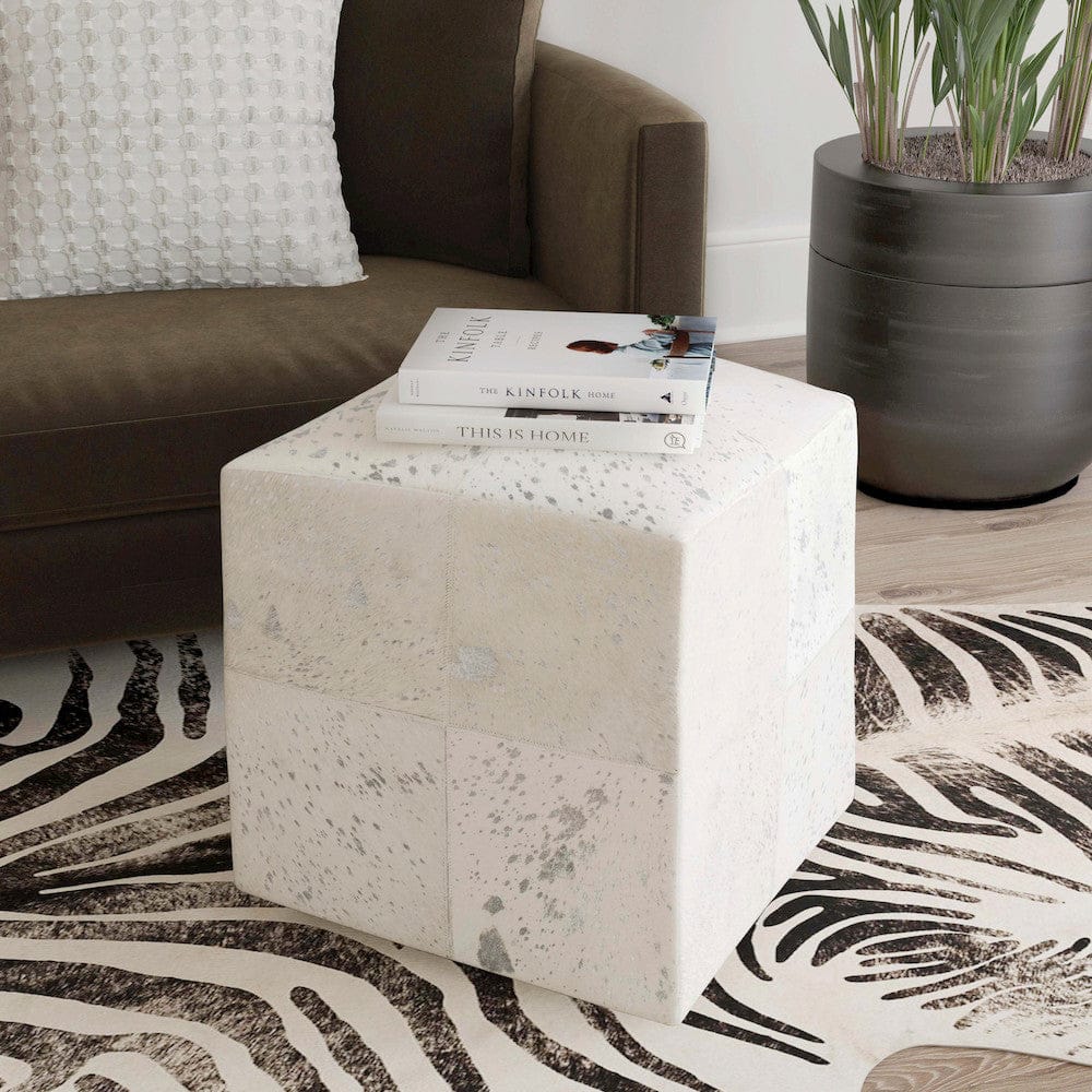 Butler Specialty Company - Victorian Hair on Hide w Silver Spots Cube Ottoman, White - 5535409 view 4