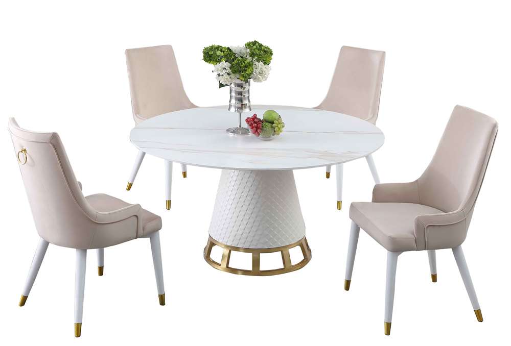Chintaly - Khloe - Dining Set w/ Sintered Stone Wooden, and Golden Table w/ 4 Wooden Legged Side Chairs - KHLOE-JUDY-5PC-BGE veiw 1