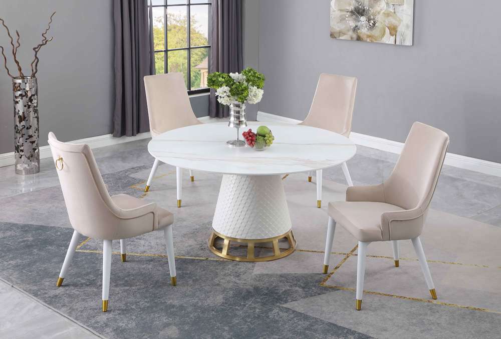Chintaly - Khloe - Dining Set w/ Sintered Stone Wooden, and Golden Table w/ 4 Wooden Legged Side Chairs - KHLOE-JUDY-5PC-BGE veiw 2