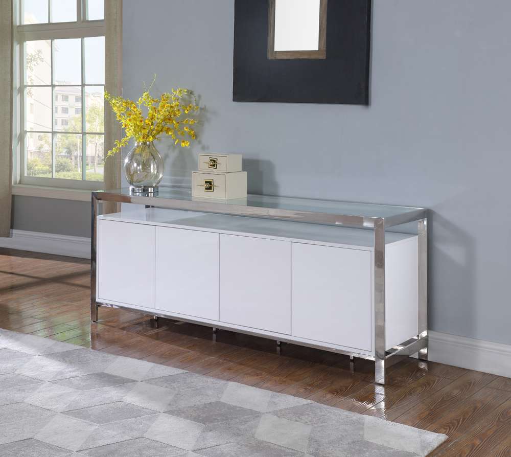 Chintaly - Krista Modern White Buffet w/ Stainless Steel & Tempered Glass Top - KRISTA-BUF veiw 1