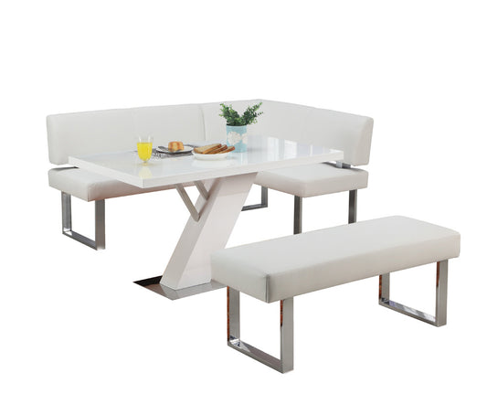 Chintaly - Linden Contemporary Dining Set w/ White Gloss Table, Upholstered Bench & Nook - LINDEN-3PC view 2