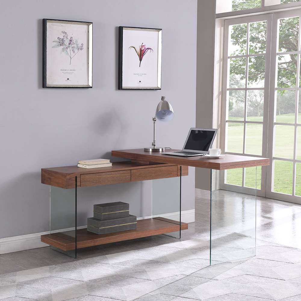 Chintaly - Modern Rotatable Glass & Wooden Desk w/ Drawers & Shelf - 6920-DSK-WAL veiw 1