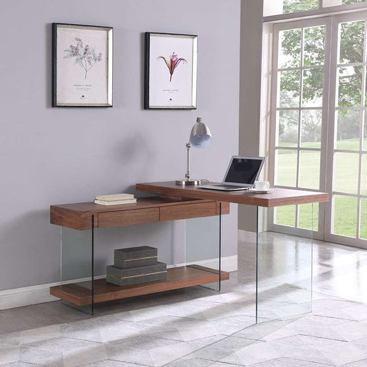 Chintaly - Modern Rotatable Glass & Wooden Desk w/ Drawers & Shelf - 6920-DSK-WAL veiw 1