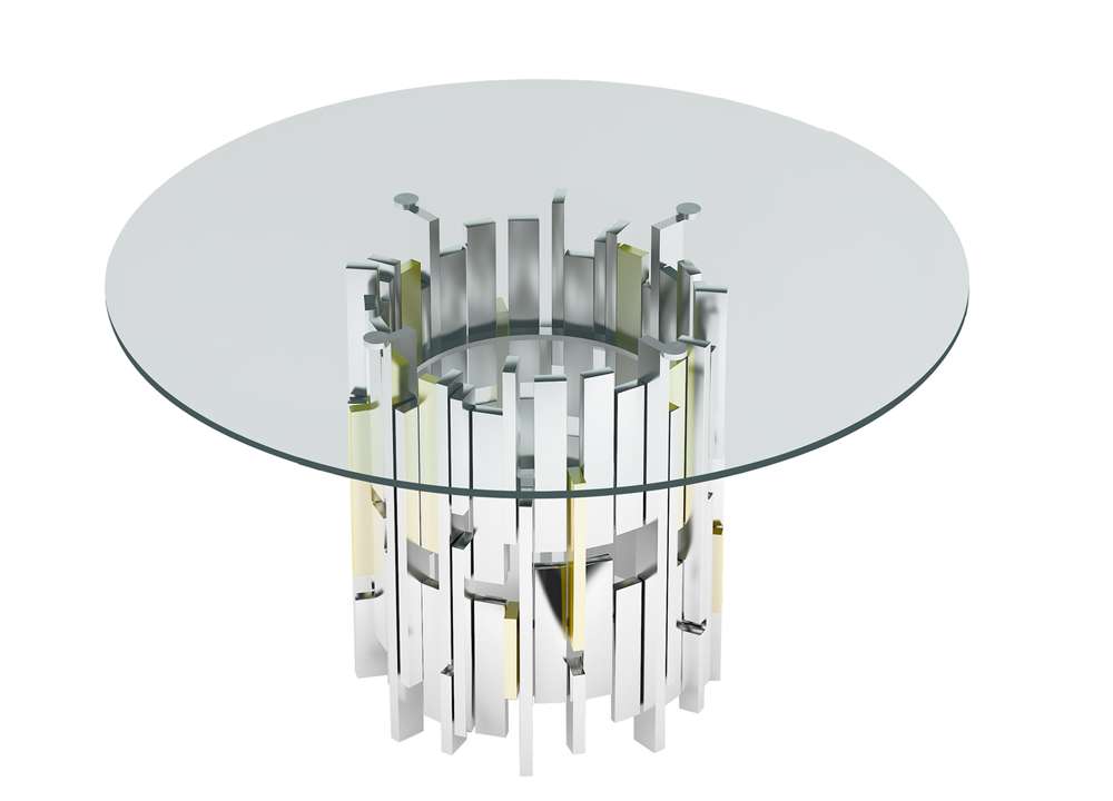 Chintaly - Verona Contemporary Round Glass Table w/ Steel & Golden Cluster Design Base - VERONA-DT veiw 1