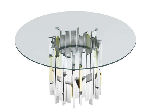 Chintaly - Verona Contemporary Round Glass Table w/ Steel & Golden Cluster Design Base - VERONA-DT veiw 1