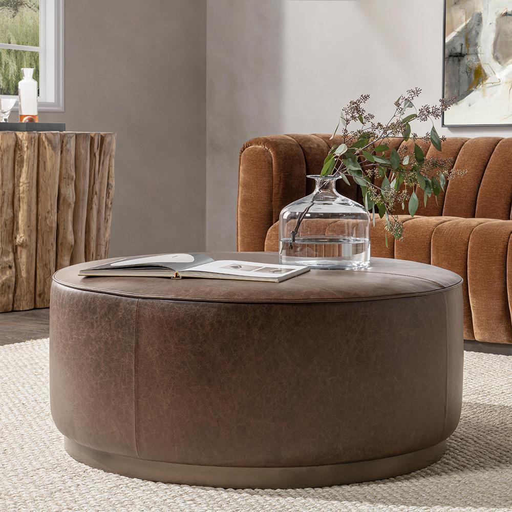 Classic Home  - Clair Leather Round Cocktail Coffee Table - Dark Brown - 51011967 veiw 6