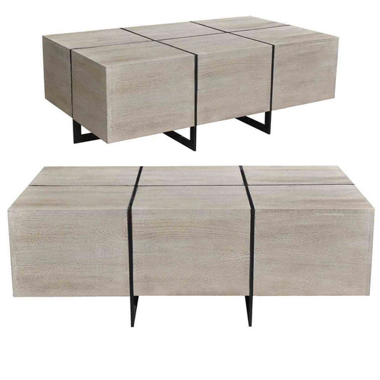 Crestview Collection - Bengal Manor Antique Black and Acacia Wood White Wash Finish Rectangle Squares Cocktail Table - CVFNR521 veiw 1