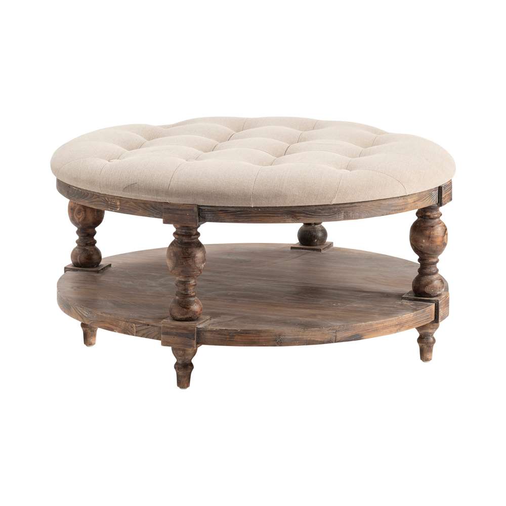 Crestview Collection - Tahoe Rustic Wood and Round Linen Ottoman - CVFZR4572 veiw 1