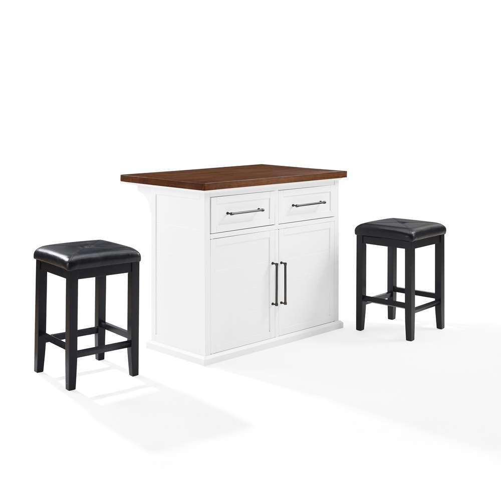Crosley Furniture - Bartlett Wood Top Kitchen Island W/Uph Square Stools White/Black - Kitchen Island & 2 Stools - KF30093WH-BK veiw 1