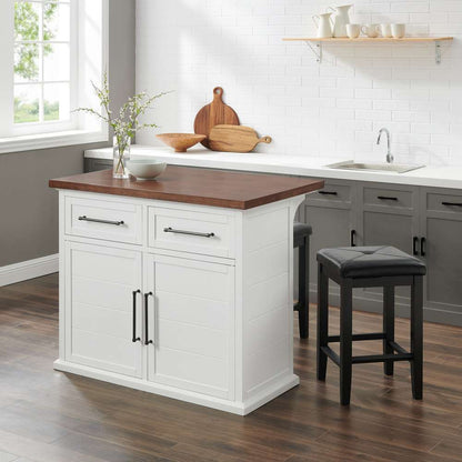 Crosley Furniture - Bartlett Wood Top Kitchen Island W/Uph Square Stools White/Black - Kitchen Island & 2 Stools - KF30093WH-BK veiw 2