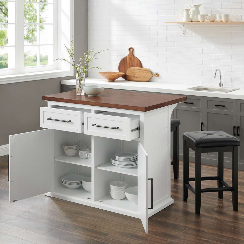 Crosley Furniture - Bartlett Wood Top Kitchen Island W/Uph Square Stools White/Black - Kitchen Island & 2 Stools - KF30093WH-BK veiw 3