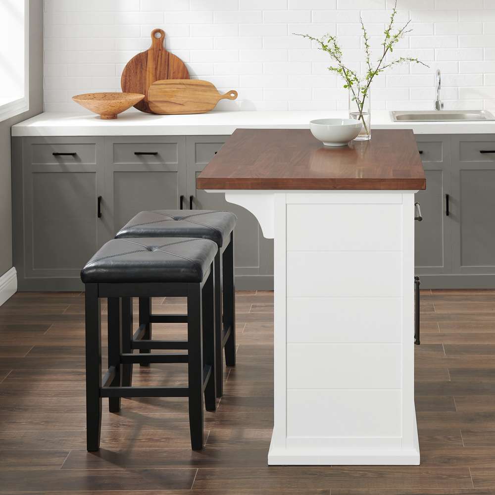 Crosley Furniture - Bartlett Wood Top Kitchen Island W/Uph Square Stools White/Black - Kitchen Island & 2 Stools - KF30093WH-BK veiw 5