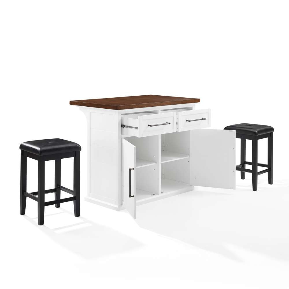 Crosley Furniture - Bartlett Wood Top Kitchen Island W/Uph Square Stools White/Black - Kitchen Island & 2 Stools - KF30093WH-BK veiw 7