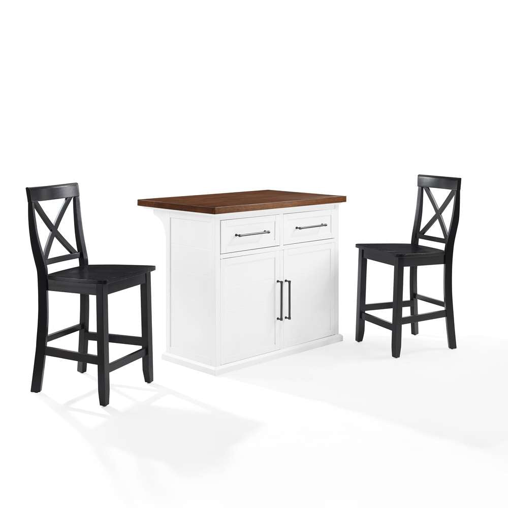 Crosley Furniture - Bartlett Wood Top Kitchen Island W/X-Back Stools White/Black - Kitchen Island & 2 Stools - KF30092WH-BK veiw 1