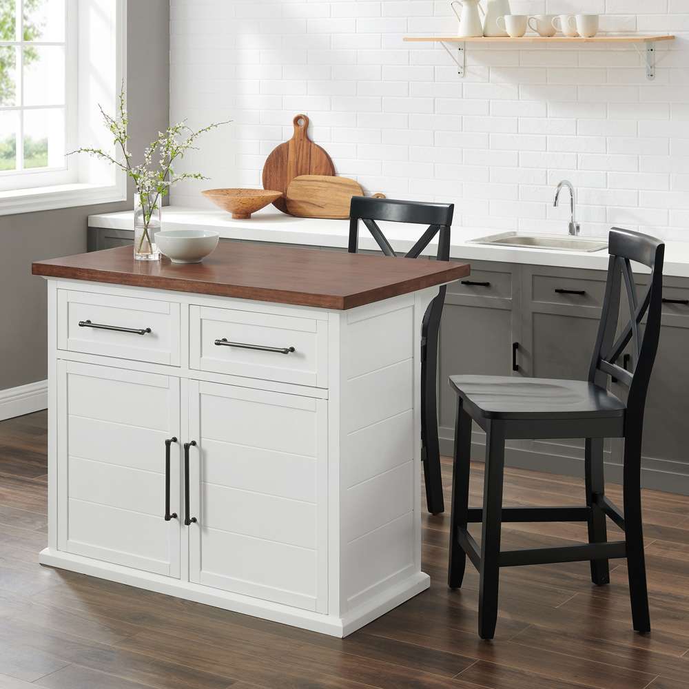 Crosley Furniture - Bartlett Wood Top Kitchen Island W/X-Back Stools White/Black - Kitchen Island & 2 Stools - KF30092WH-BK veiw 2