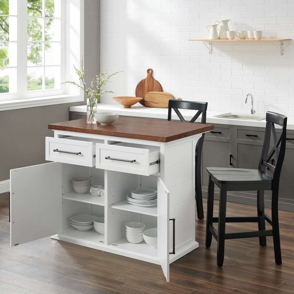 Crosley Furniture - Bartlett Wood Top Kitchen Island W/X-Back Stools White/Black - Kitchen Island & 2 Stools - KF30092WH-BK veiw 3