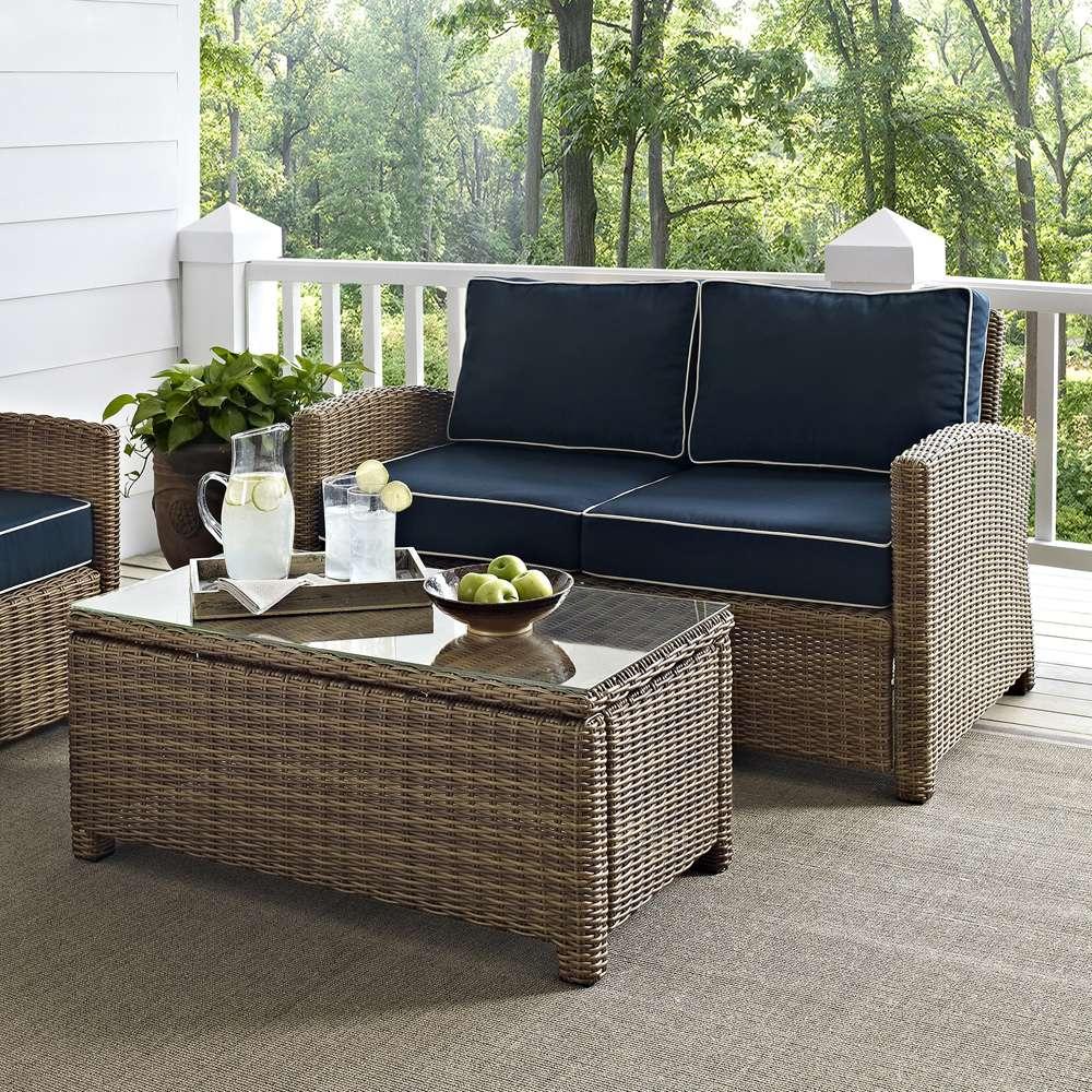 Crosley Furniture - Bradenton 2 Piece Outdoor Wicker Seating Set with Navy Cushions - Loveseat & Glass Top Table - KO70025WB-NV veiw 1
