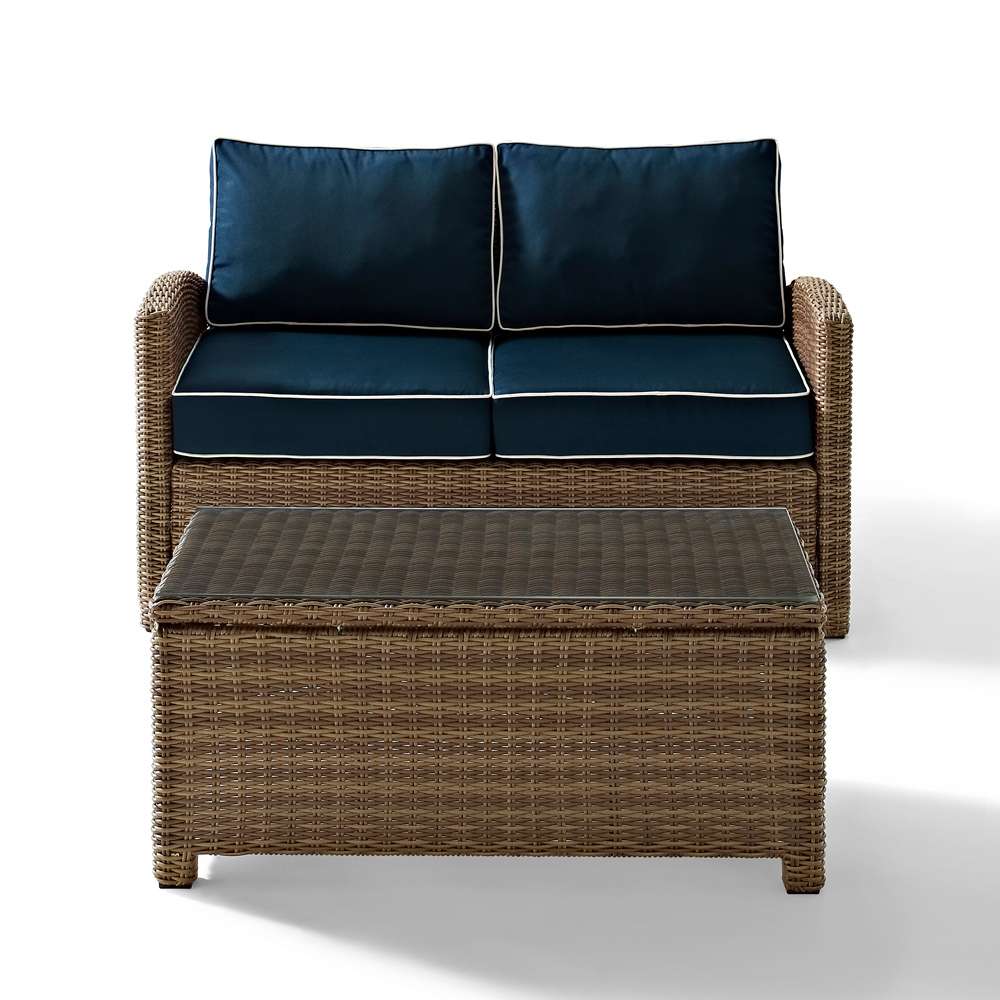 Crosley Furniture - Bradenton 2 Piece Outdoor Wicker Seating Set with Navy Cushions - Loveseat & Glass Top Table - KO70025WB-NV veiw 2