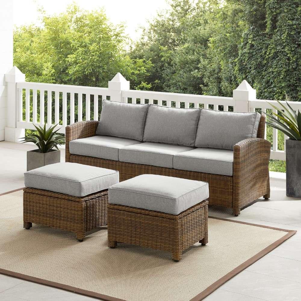 Crosley Furniture - Bradenton 3Pc Outdoor Wicker Sofa Set Gray-Weathered Brown - Sofa and 2 Ottomans - KO70186WB-GY veiw 1