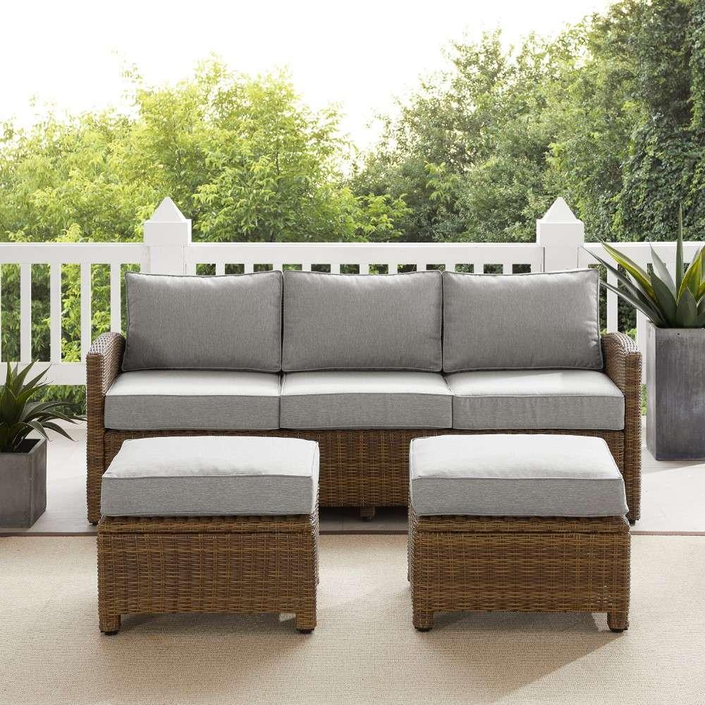 Crosley Furniture - Bradenton 3Pc Outdoor Wicker Sofa Set Gray-Weathered Brown - Sofa and 2 Ottomans - KO70186WB-GY veiw 2