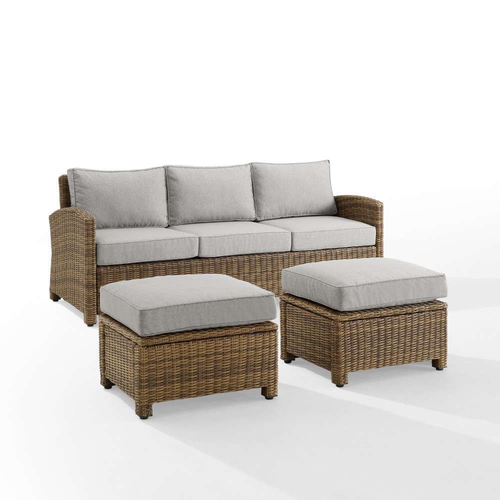 Crosley Furniture - Bradenton 3Pc Outdoor Wicker Sofa Set Gray-Weathered Brown - Sofa and 2 Ottomans - KO70186WB-GY veiw 5