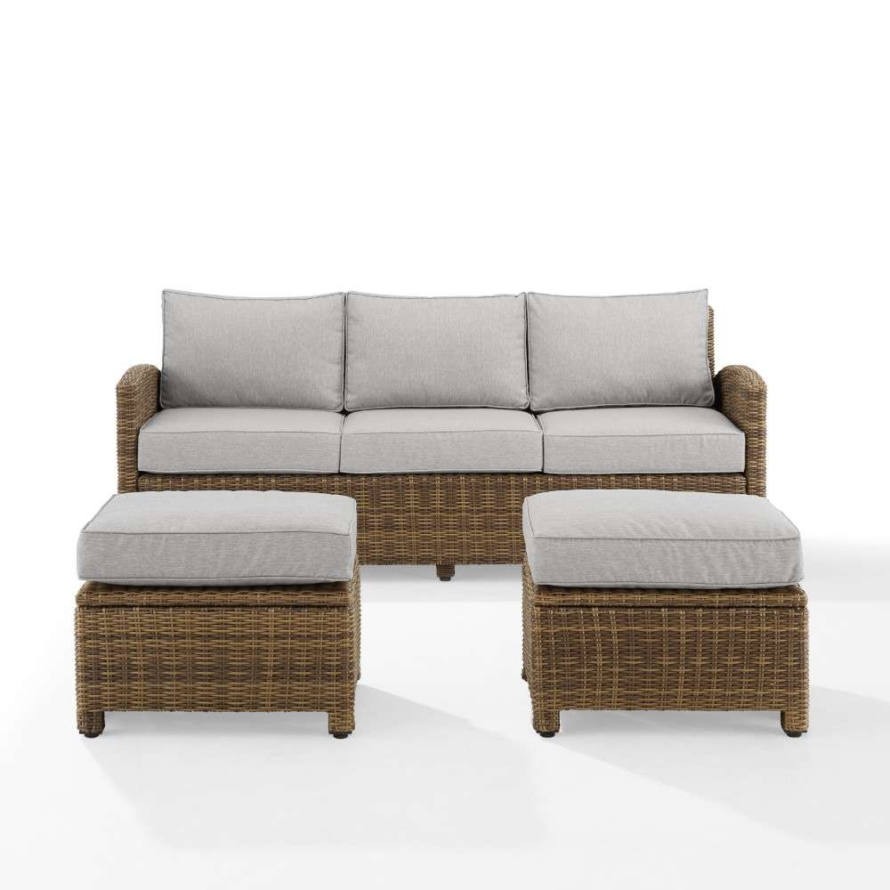 Crosley Furniture - Bradenton 3Pc Outdoor Wicker Sofa Set Gray-Weathered Brown - Sofa and 2 Ottomans - KO70186WB-GY veiw 6