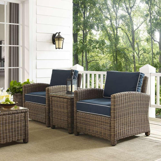 Crosley Furniture - Bradenton 3-Piece Outdoor Wicker Conversation Set with Navy Cushions - Two Arm Chairs & Side Table - KO70052WB-NV veiw 1