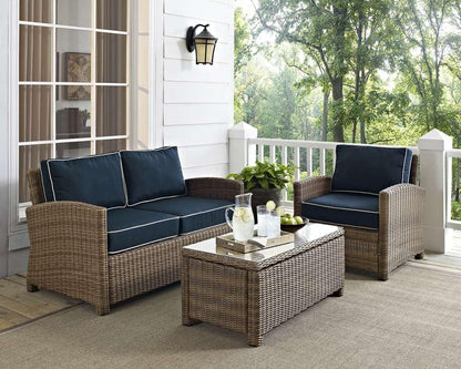 Crosley Furniture - Bradenton 3 Piece Outdoor Wicker Seating Set with Navy Cushions - Loveseat, Arm Chair & Glass Top Table - KO70027WB-NV veiw 1