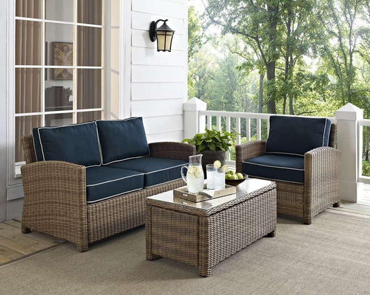 Crosley Furniture - Bradenton 3 Piece Outdoor Wicker Seating Set with Navy Cushions - Loveseat, Arm Chair & Glass Top Table - KO70027WB-NV veiw 1