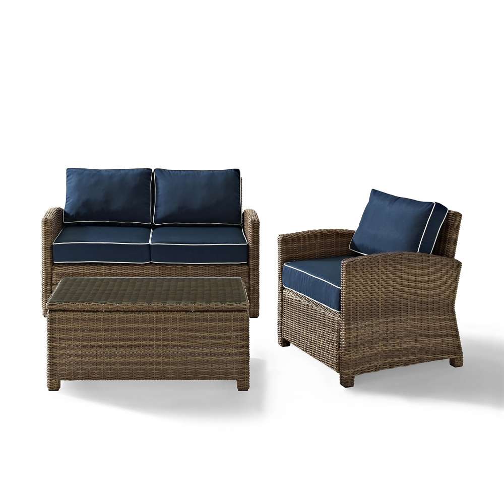 Crosley Furniture - Bradenton 3 Piece Outdoor Wicker Seating Set with Navy Cushions - Loveseat, Arm Chair & Glass Top Table - KO70027WB-NV veiw 2