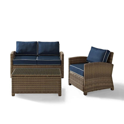 Crosley Furniture - Bradenton 3 Piece Outdoor Wicker Seating Set with Navy Cushions - Loveseat, Arm Chair & Glass Top Table - KO70027WB-NV veiw 2