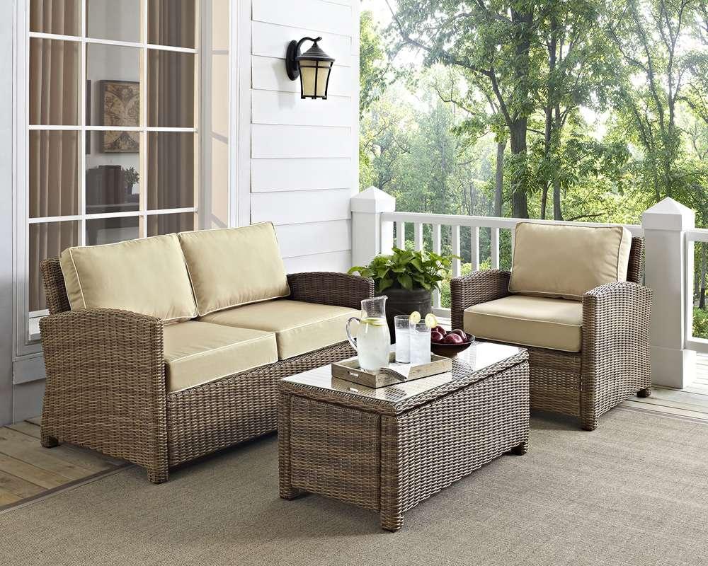 Crosley Furniture - Bradenton 3 Piece Outdoor Wicker Seating Set with Sand Cushions - Loveseat, Arm Chair & Glass Top Table - KO70027WB-SA veiw 1