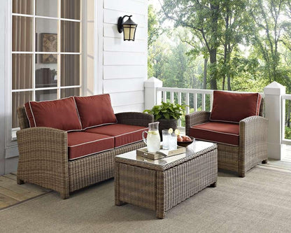 Crosley Furniture - Bradenton 3 Piece Outdoor Wicker Seating Set with Sangria Cushions - Loveseat, Arm Chair & Glass Top Table - KO70027WB-SG veiw 1