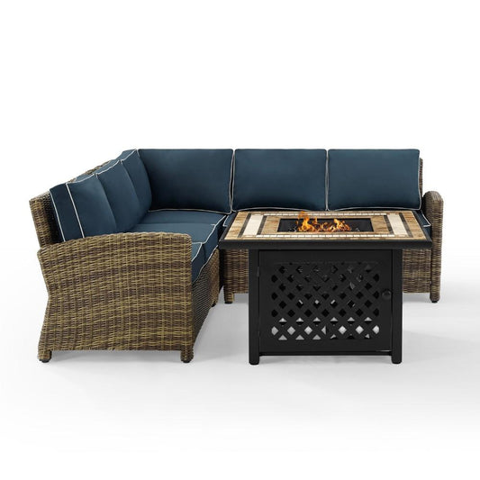 Crosley Furniture - Bradenton 4 Piece Outdoor Wicker Sectional Set With Fire Table Weathered Brown/Navy - Right Corner Loveseat, Left Corner Loveseat, Corner Chair, Fire Table - KO70157-NV view 1