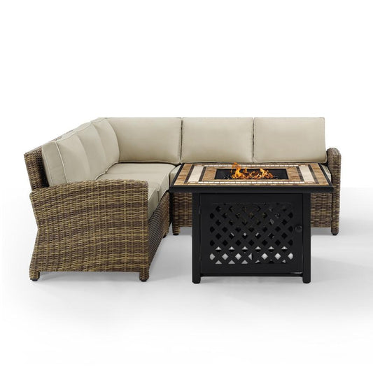 Crosley Furniture - Bradenton 4 Piece Outdoor Wicker Sectional Set With Fire Table Weathered Brown/Sand - Right Corner Loveseat, Left Corner Loveseat, Corner Chair, Fire Table - KO70157-SA view 1