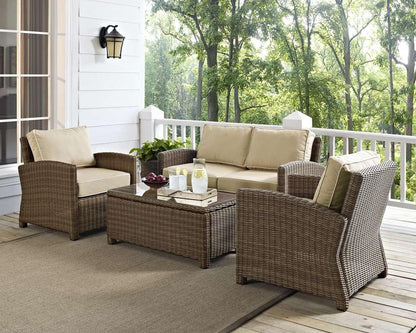 Crosley Furniture - Bradenton 4 Piece Outdoor Wicker Seating Set with Sand Cushions - Loveseat, Two Arm Chairs & Glass Top Table - KO70024WB-SA veiw 1