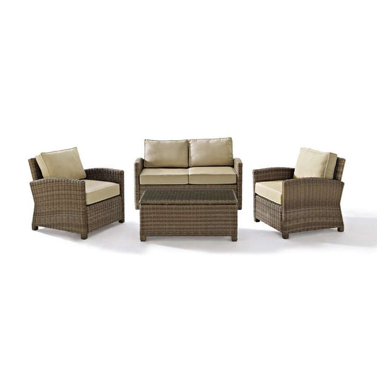 Crosley Furniture - Bradenton 4 Piece Outdoor Wicker Seating Set with Sand Cushions - Loveseat, Two Arm Chairs & Glass Top Table - KO70024WB-SA veiw 2