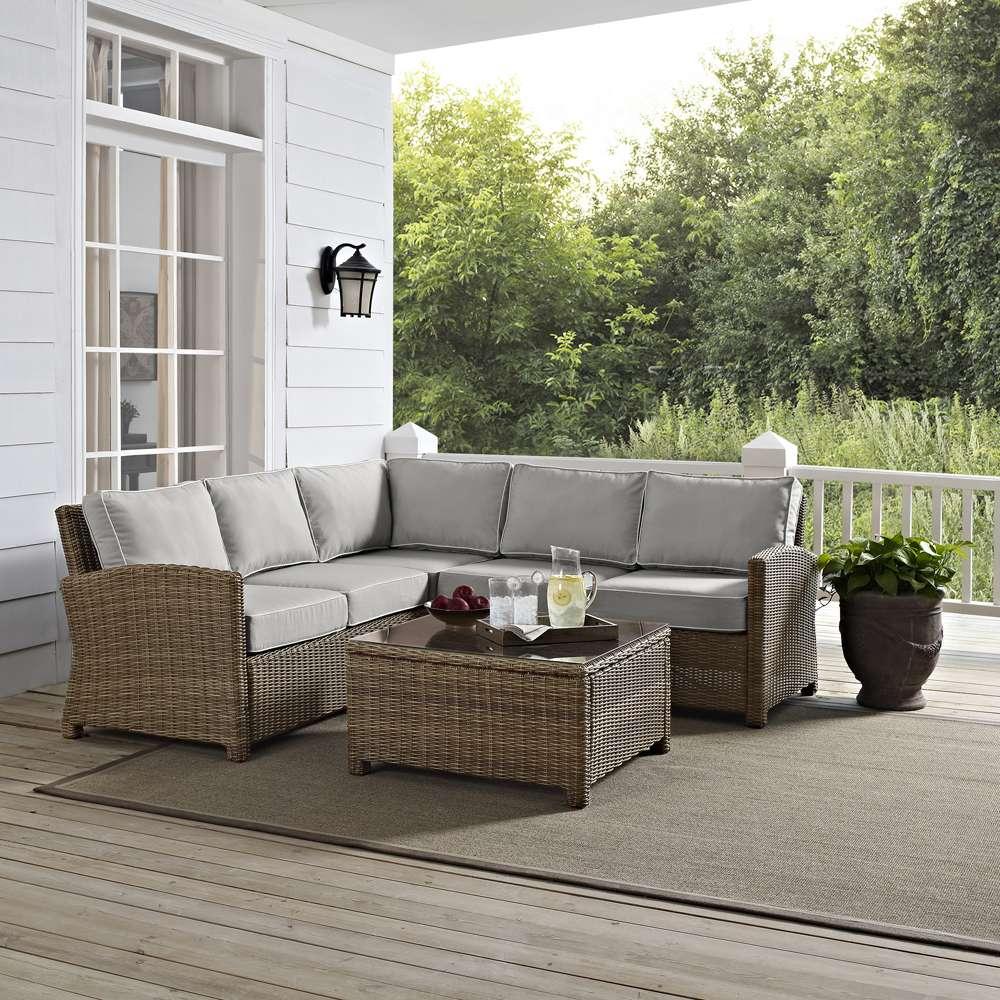 Crosley Furniture - Bradenton 4Pc Outdoor Wicker Sectional Set Gray/Weathered Brown - Right Corner Loveseat, Left Corner Loveseat, Corner Chair, & Sectional Glass Top Coffee Table - KO70019WB-GY veiw 1