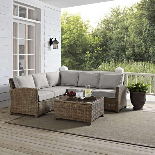 Crosley Furniture - Bradenton 4Pc Outdoor Wicker Sectional Set Gray/Weathered Brown - Right Corner Loveseat, Left Corner Loveseat, Corner Chair, & Sectional Glass Top Coffee Table - KO70019WB-GY veiw 1