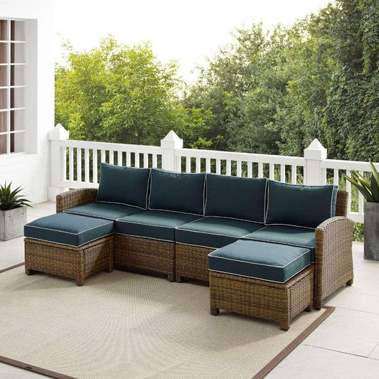 Crosley Furniture - Bradenton 4Pc Outdoor Wicker Sectional Set Navy -Weathered Brown - Left Loveseat, Right Loveseat, and 2 Ottomans - KO70187WB-NV view 1