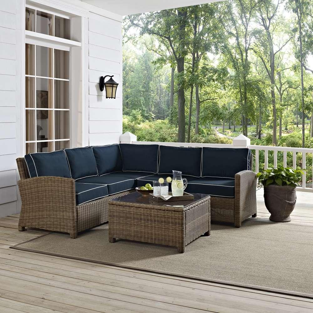 Crosley Furniture - Bradenton 4-Piece Outdoor Wicker Seating Set with Navy Cushions - Right Corner Loveseat, Left Corner Loveseat, Corner Chair, Sectional Glass Top Coffee Table - KO70019WB-NV veiw 1