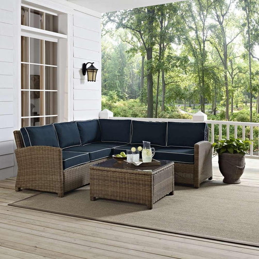 Crosley Furniture - Bradenton 4-Piece Outdoor Wicker Seating Set with Navy Cushions - Right Corner Loveseat, Left Corner Loveseat, Corner Chair, Sectional Glass Top Coffee Table - KO70019WB-NV veiw 1
