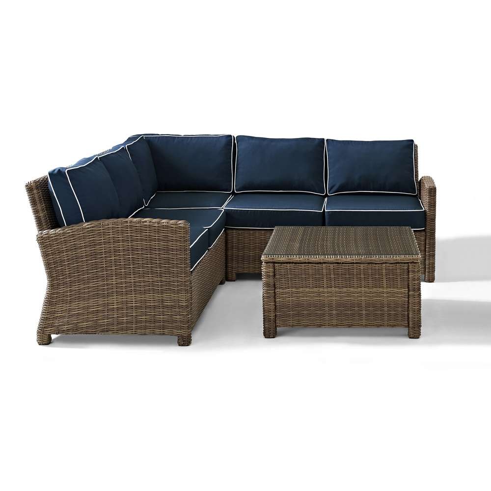 Crosley Furniture - Bradenton 4-Piece Outdoor Wicker Seating Set with Navy Cushions - Right Corner Loveseat, Left Corner Loveseat, Corner Chair, Sectional Glass Top Coffee Table - KO70019WB-NV veiw 2