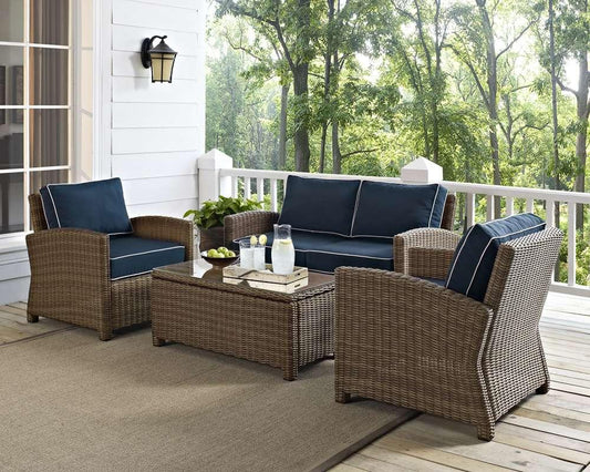 Crosley Furniture - Bradenton 4 Piece Outdoor Wicker Seating Set with Navy Cushions - Loveseat, Two Arm Chairs & Glass Top Table - KO70024WB-NV veiw 1