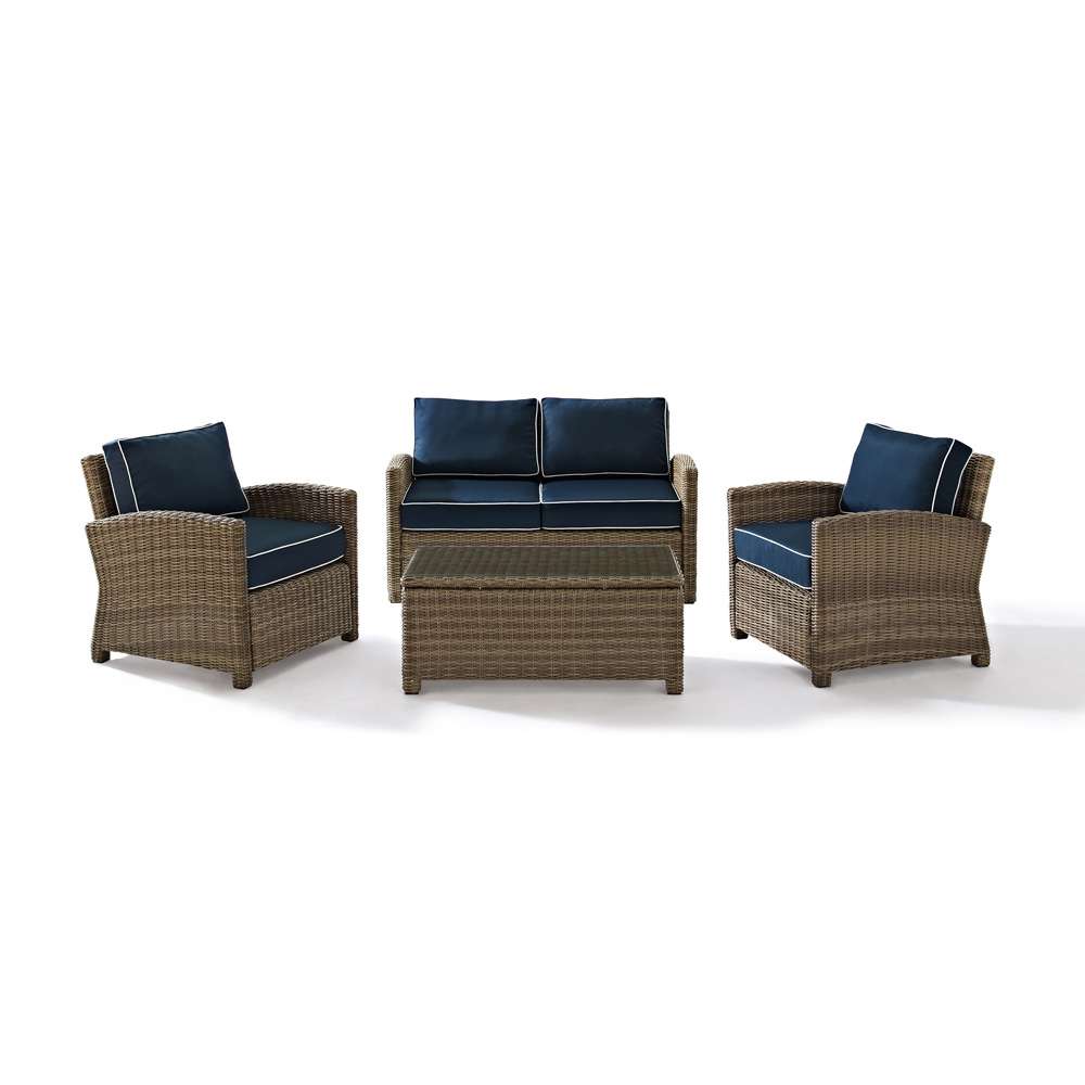 Crosley Furniture - Bradenton 4 Piece Outdoor Wicker Seating Set with Navy Cushions - Loveseat, Two Arm Chairs & Glass Top Table - KO70024WB-NV veiw 2
